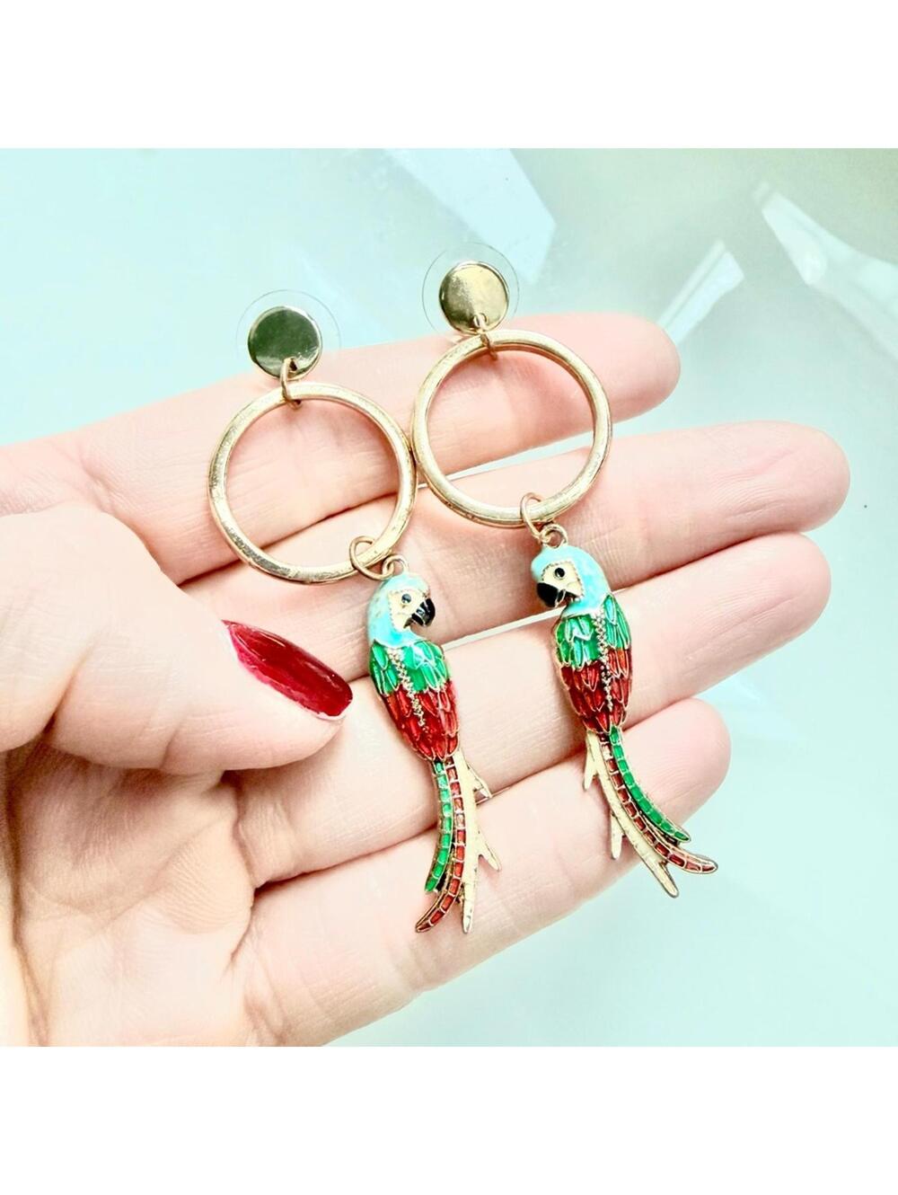 Y2K Style Enamel Parrot Drop Earrings Gold Hoop 2.75"